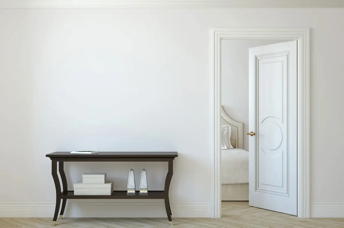 Narrow hallway with herringbone hardwood flooring, cleaned and free of standing water
