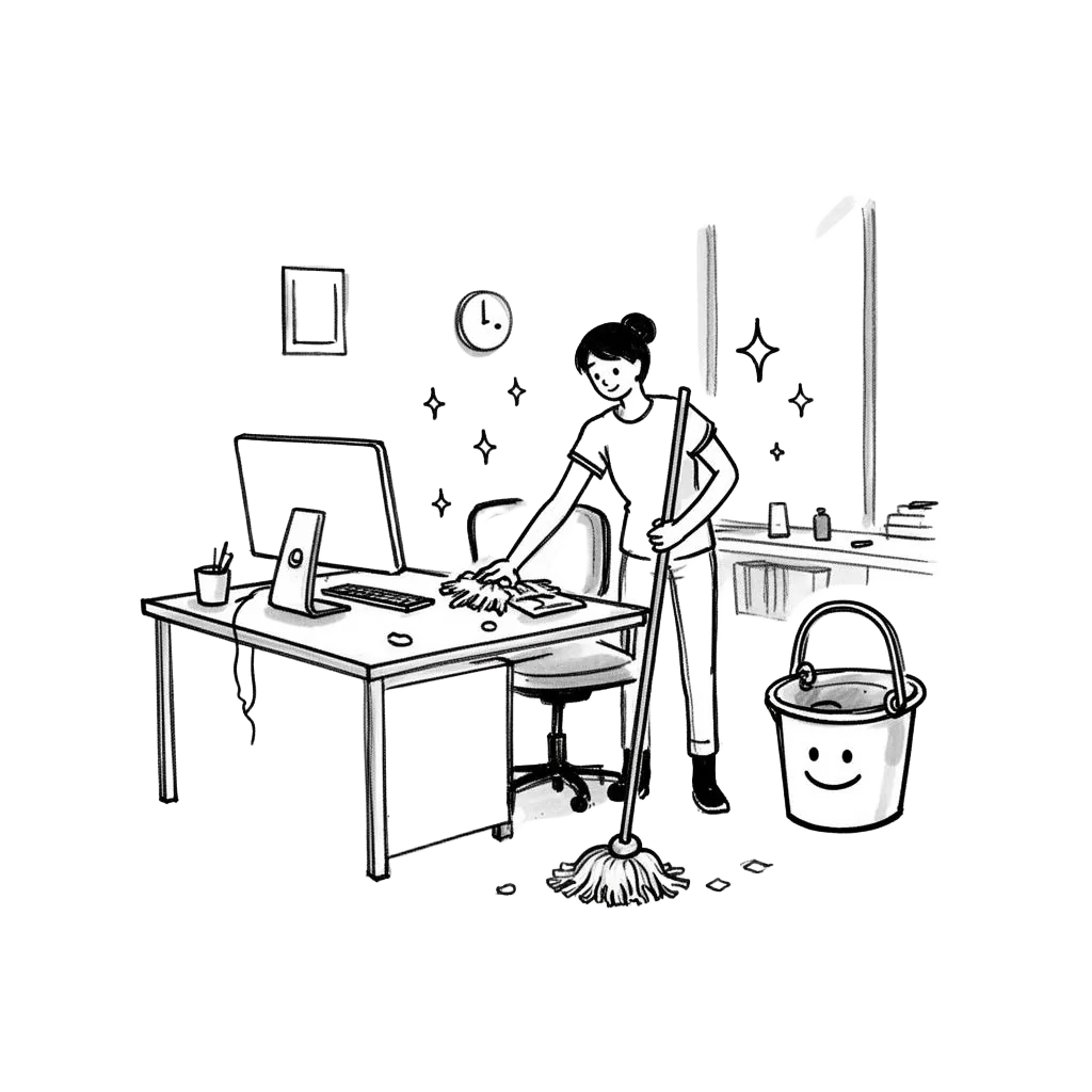 Illustration showing commercial cleaning in action - professional cleaners performing detailed work in a pristine home environment