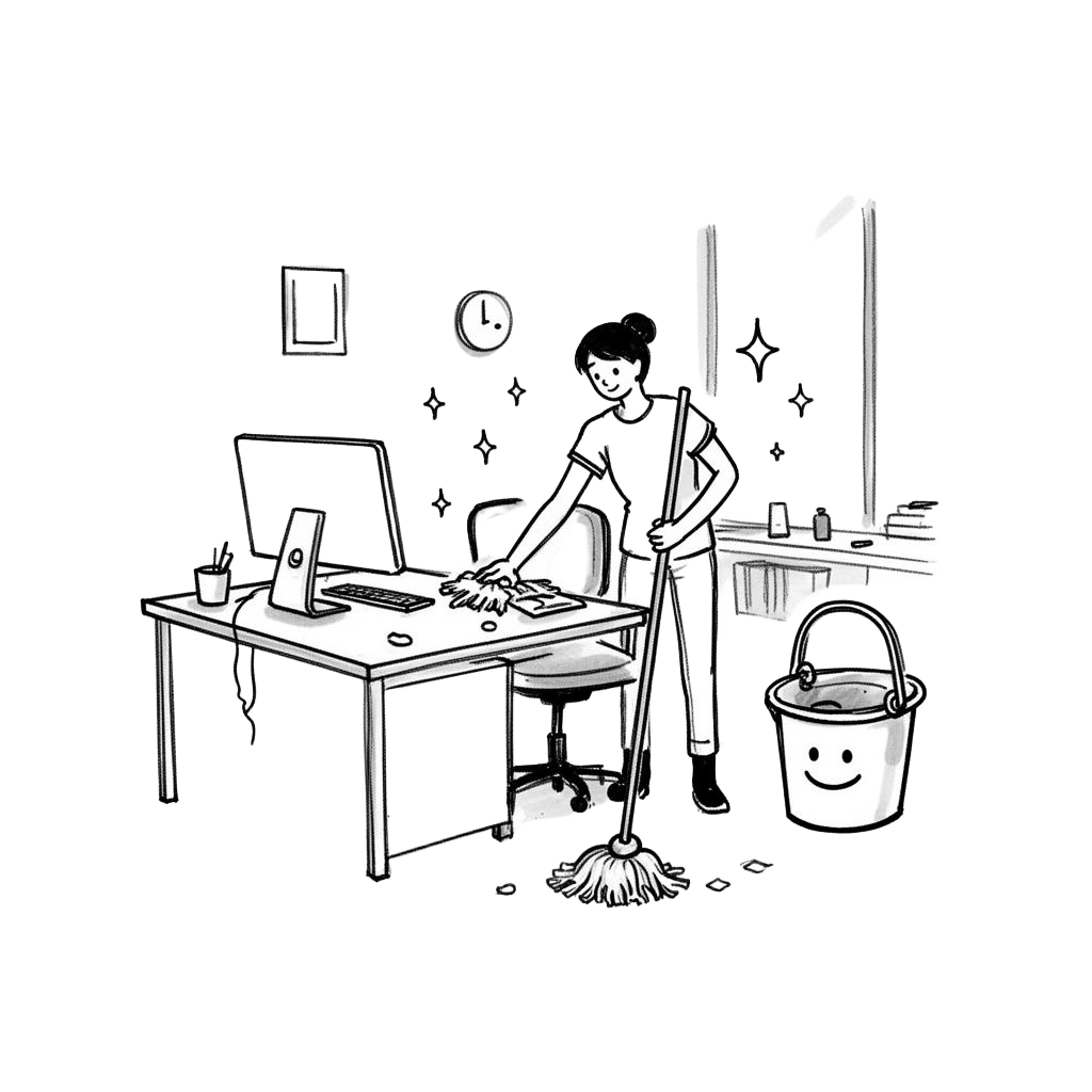 Illustration showing commercial cleaning in action - professional cleaners performing detailed work in a pristine home environment